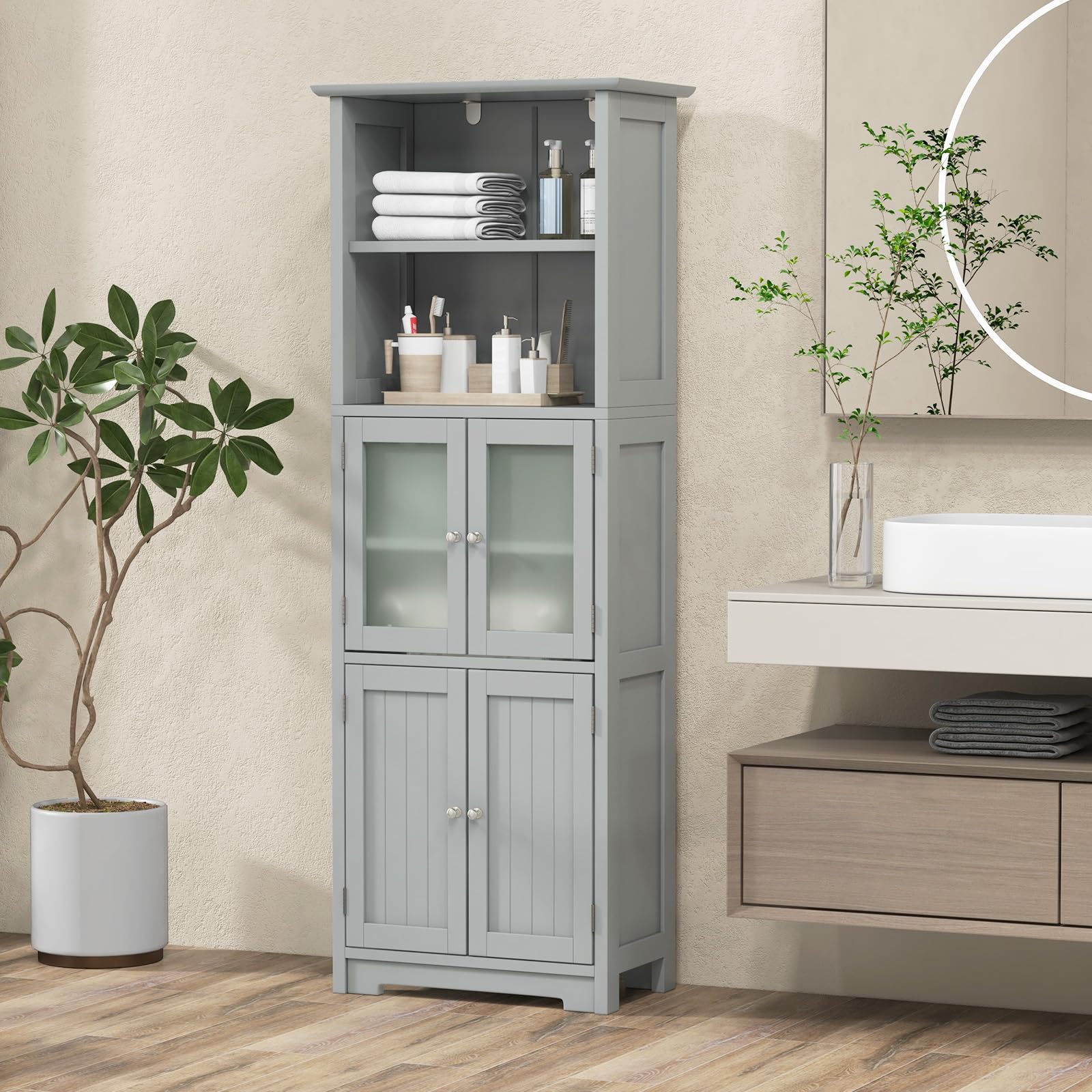 Costway Tall Bathroom Storage Cabinet, Freestanding Kitchen Pantry Cabinet With Glass Doors And Adjustable Shelf, 64” Wooden Linen Floor Cabinet For Bathroom, Living Room, Kitchen (Grey)
